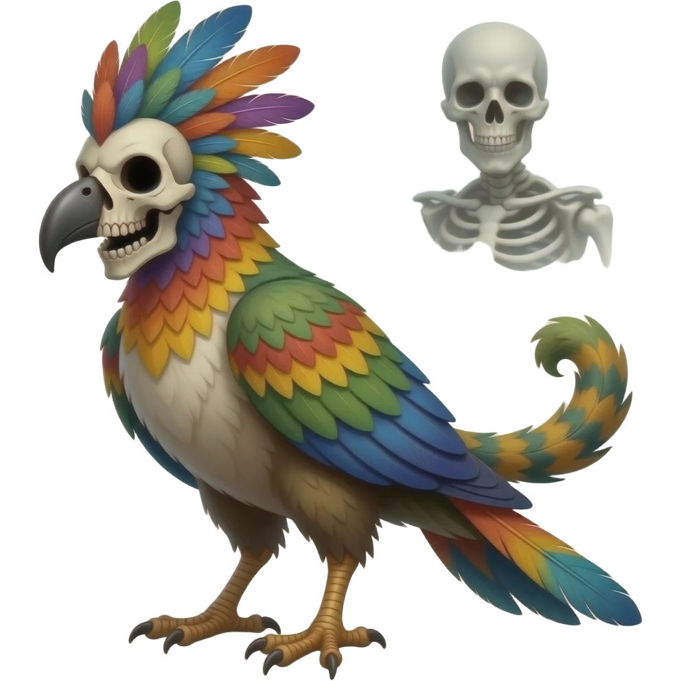 Tropical colorful feathered-Bird-skull-masked bleak swampy white-skeletal gloomy dark pale albino foggy eldritch beautiful realistic edgy fantasy ghoul-like stitched vernid-sergal-fursona animal creature with a tufted tail full body with intricate markings emoji