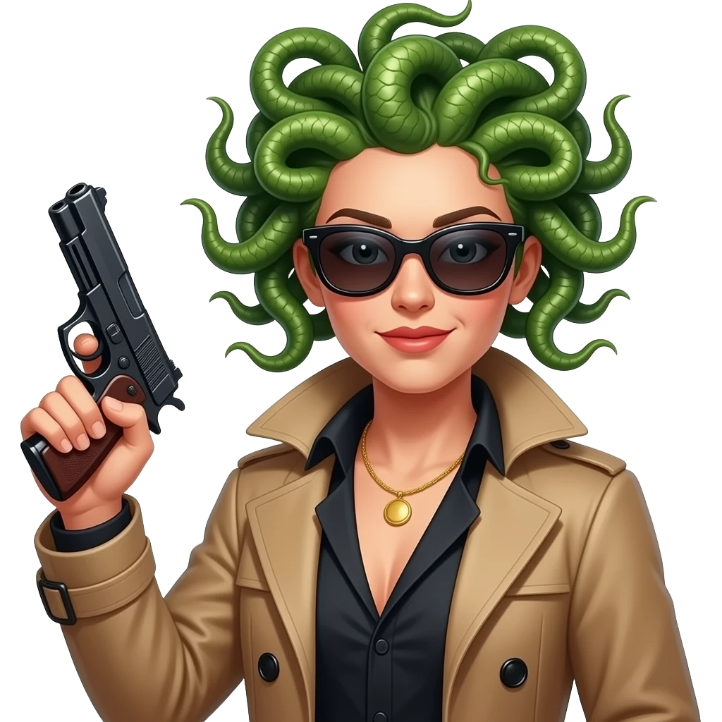 Flirty beautiful Medusa in coat with sunglasses holding gun emoji