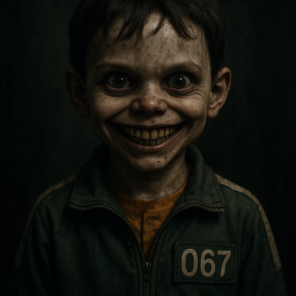 scary boy doll with a wide, unsettling smile, inspired by Squid Game, in a creepy, realistic horror style emoji