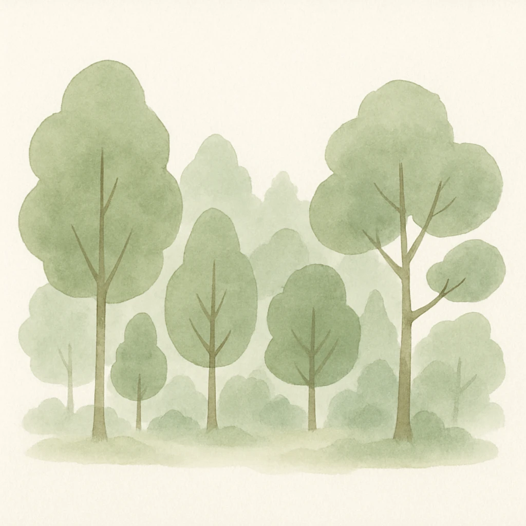 a lush green forest, vibrant and full of trees, painterly style emoji