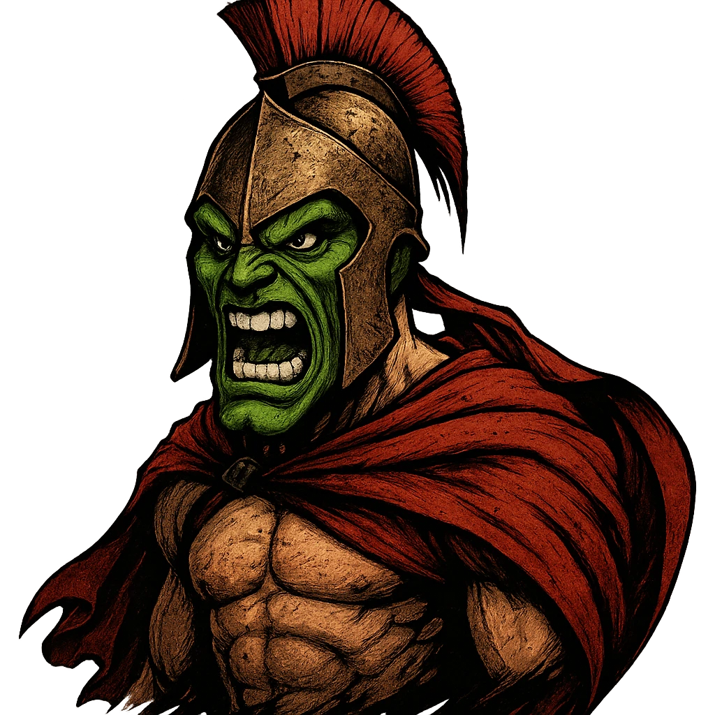 the Mask's green face with a fierce expression, wearing a red Spartan cape, inspired by the movie '300' emoji