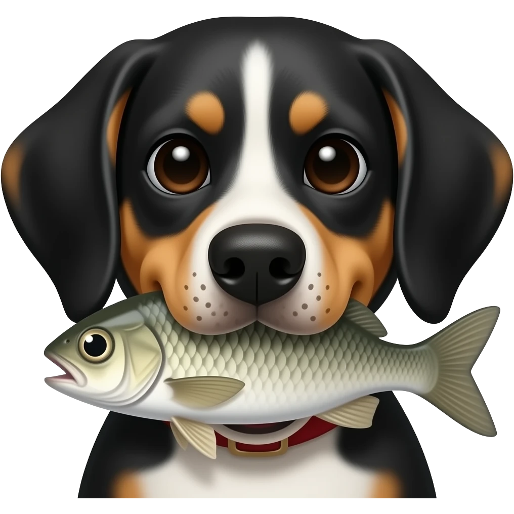 Black beagle face  freckled nose fish in mouth emoji