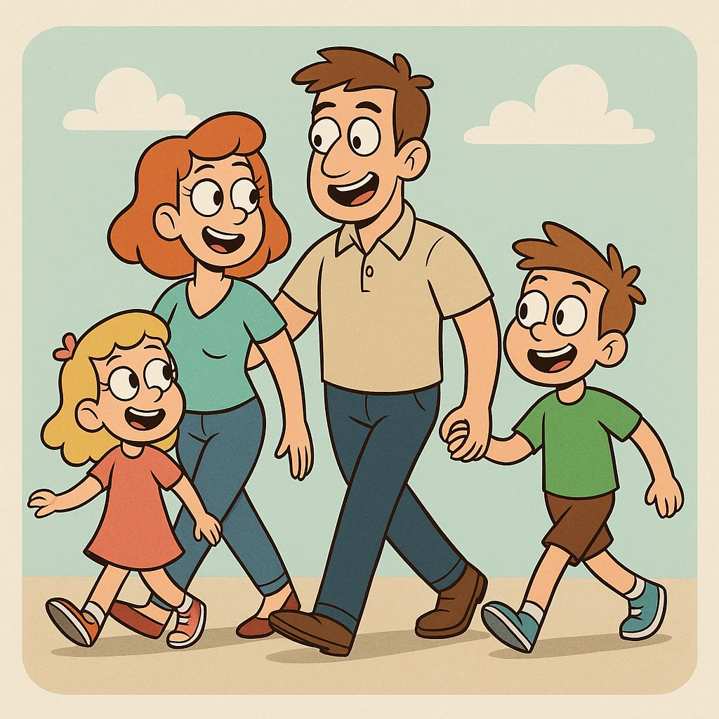 family walking together, modern cartoon style, happy expressions, colorful emoji