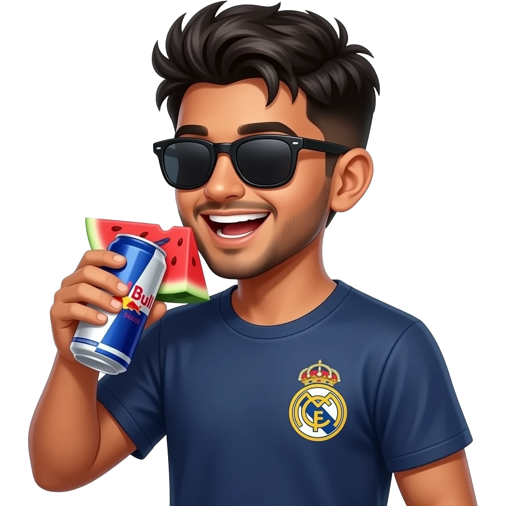 Indian young boy, athlete build laughing,, late teens, with light trimmed beard, side fades with messy spikes hairstyle, drinking red watermelon Can Red Bull with big dark black wayfarers and Real Madrid logo tshirt emoji