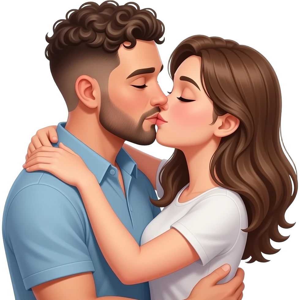 Realistic white man super short curly hair with beard kissing passionately and hugging realistic white girl brown hair emoji