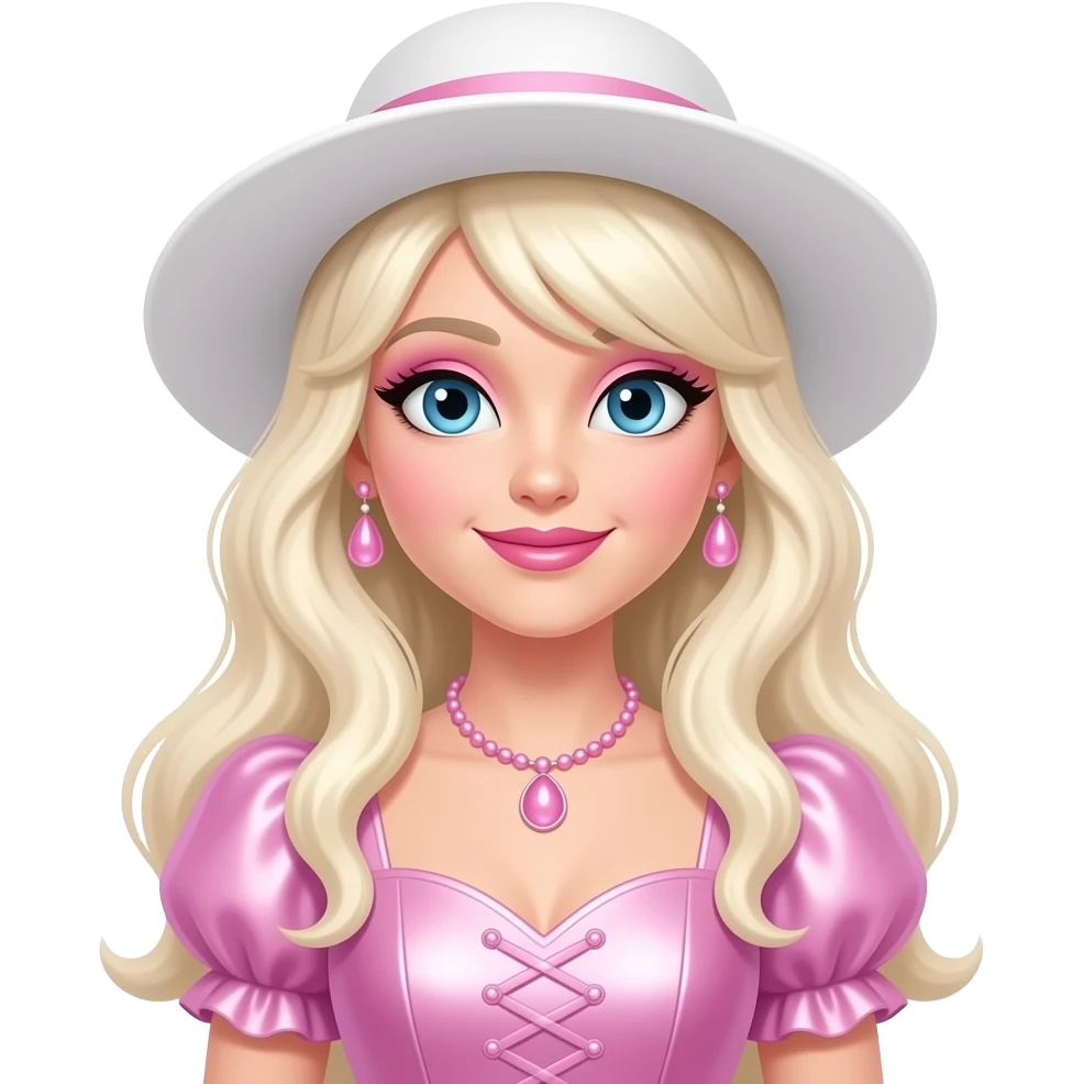 The Good Witch from The Wonderful Wizard of Oz with blue eyes, long platinum blonde hair, pink eyeshadow, pink lipstick, white and pink metallic sweetheart sleeve dress, white hat, pink necklace and earrings emoji