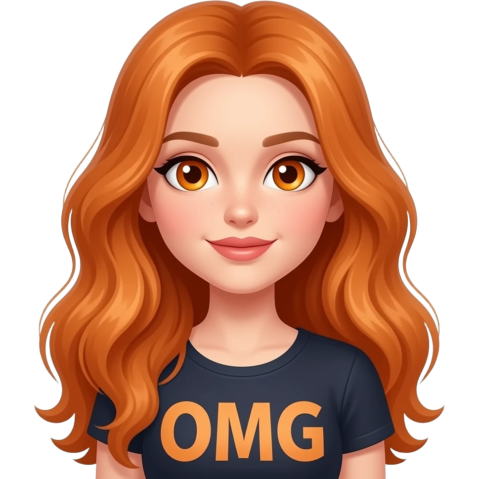 sexy girl with overlong ginger hair and ginger eyes a top with OMG written on it emoji