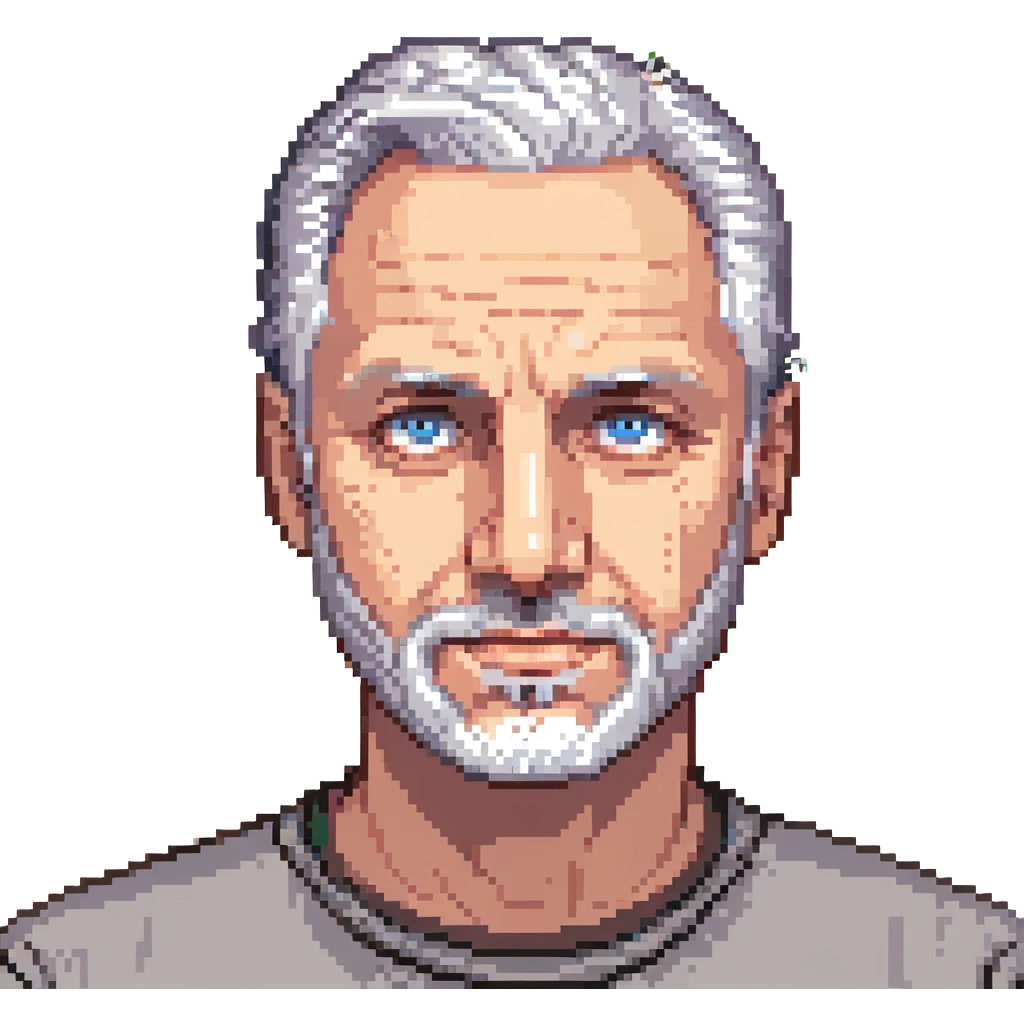 A middle-aged man with a medium slightly gray beard, short hair cut to the scalp on the sides and combed back on top, blue eyes emoji