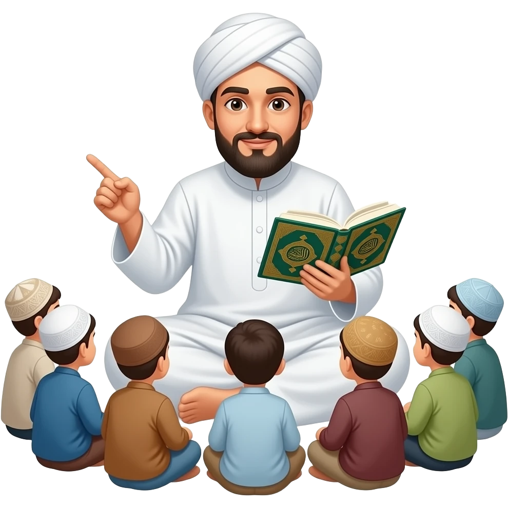 A highly detailed, realistic emoji-style illustration of a traditional Islamic usthad (teacher) wearing a white thobe and neatly wrapped turban, sitting and teaching a small group of students in front of him. The usthad is holding or pointing to an open Islamic book (Hadith or Quran), emoji