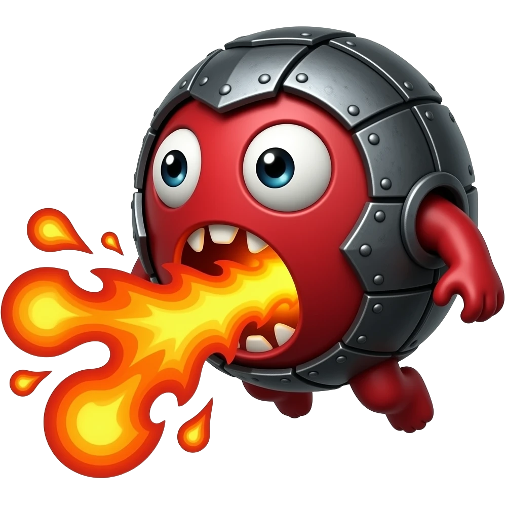 A red floating round sime-ball-like monster with charcoal armor plates and a furnace-hot jaw. It spits fireballs and snaps with explosive bursts of heat. No platform. emoji