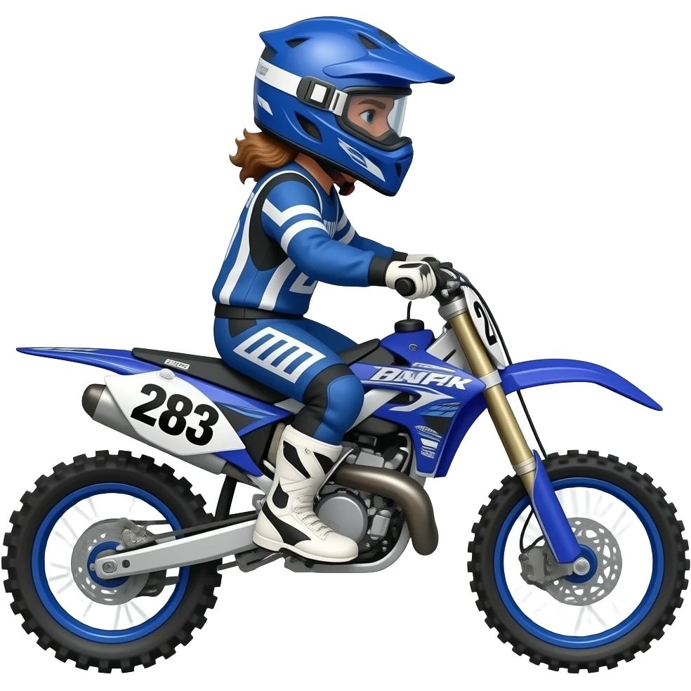 Guy on royal blue dirtbike with brown hair mullet and put 283 on the bike and make him have a dirtbike helmet on emoji