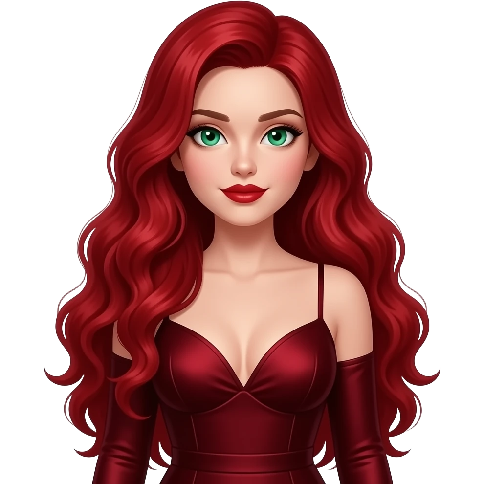 Ruby red long wavy hair no bangs. Dark romance outfit(ruby red). Emerald eyes.full body. Ruby lips emoji