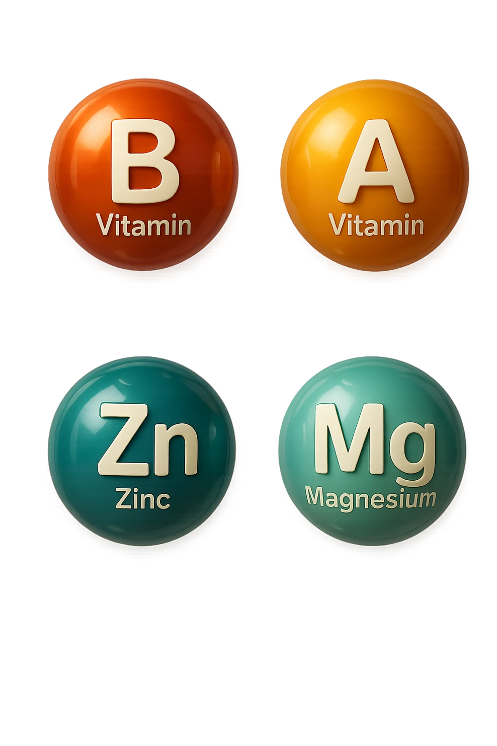 emoji stile iphone in 3d di vitamina B, vitamina A, zinco, magnesio fluttuano in aria, iperrealistico 4k emoji