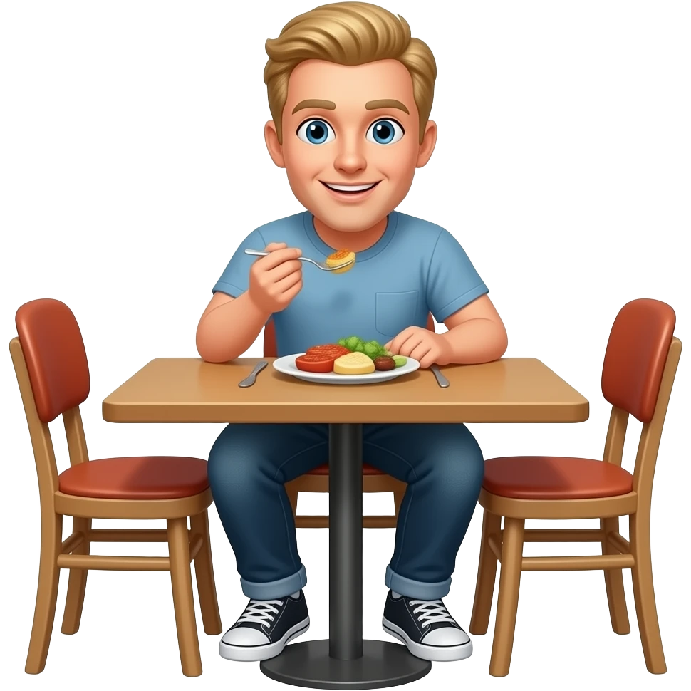 blonder man in t-shirt sitzt am restaurant tisch und isst, man sieht den ganzen tisch emoji