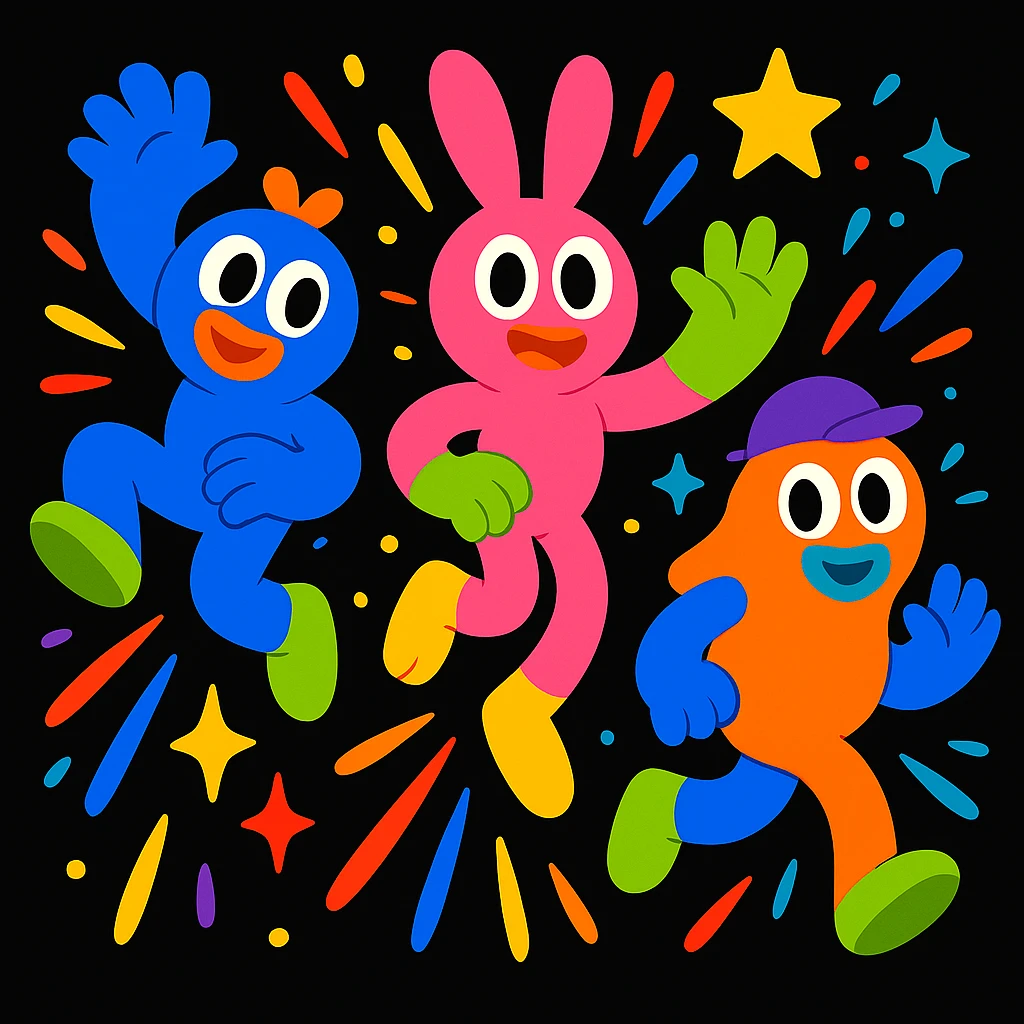 Unify the visual effects across all three mascots: use the same style of colorful motion lines, sparkles, and dynamic accents around each character, matching the playful, energetic, and imaginative vibe for a black website background. Enhance the playful, energetic, and imaginative vibe with consistent colorful motion lines, sparkles, and dynamic accents. emoji