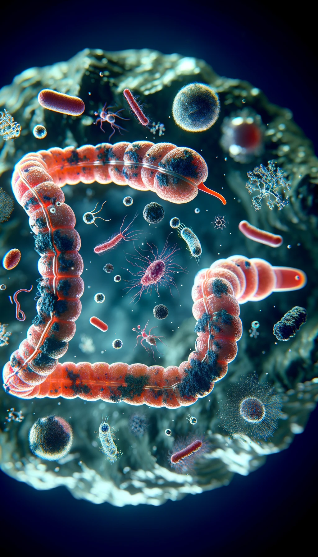 intestino umano realistico con batteri e parassiti che gli fluttuano intorno, iperrealistico 4k emoji