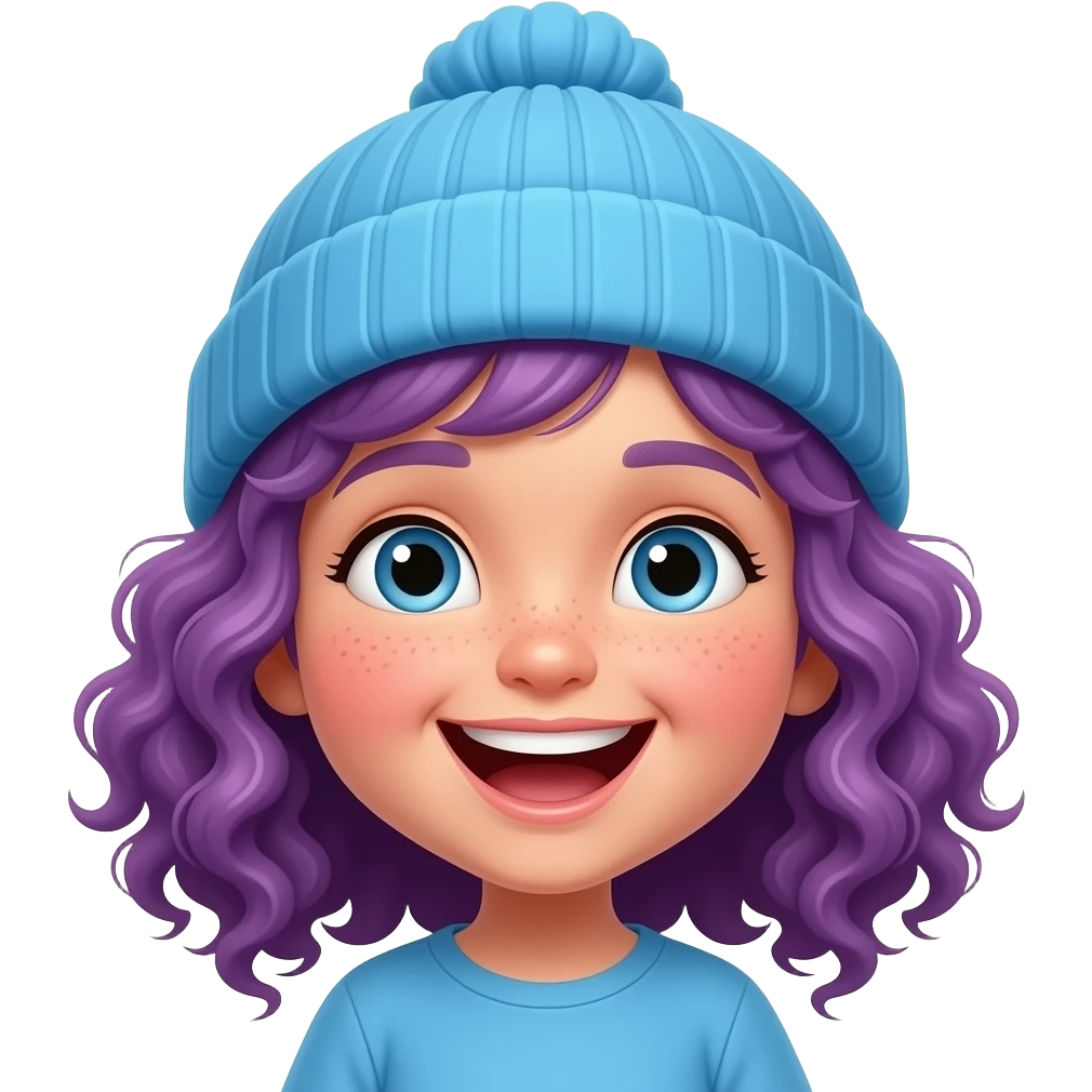 little girl with blue beanie, laughing and curly purple hair emoji
