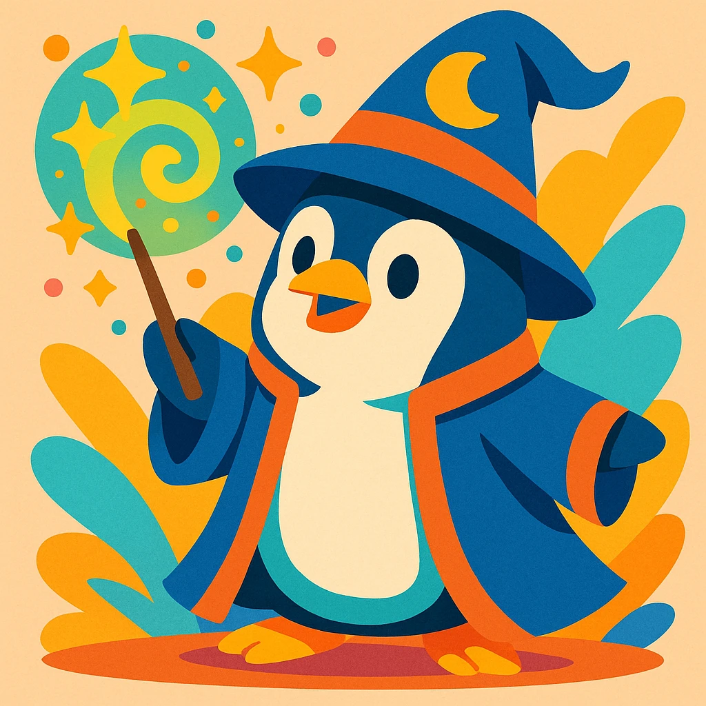 penguin wizard casting a spell with glowing effects, whimsical style emoji