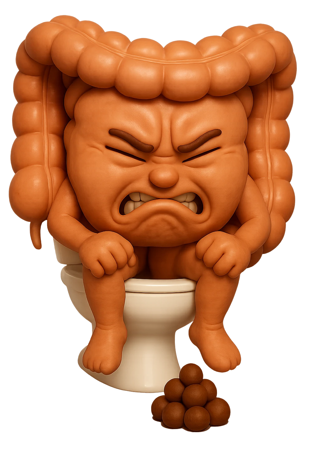 SU QUESTO STILE FAI UN EMOJI STILE IPHONE 3D DI UN INTESTINO CHE sta seduto sul wc e davanti ha una montagnetta di feci a palline stile emoji iphone, fallo senza naso e FAGLI UN ESPRESSIONE di dolore mentre si sforza E FALLO MOLTO REALISTICO IN 3D emoji