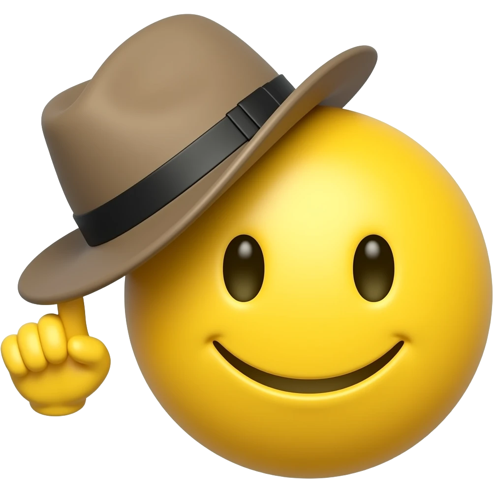 yellow round smirking emoji with a smirk face tipping a fedora with one hand. The fedora is tilted emoji