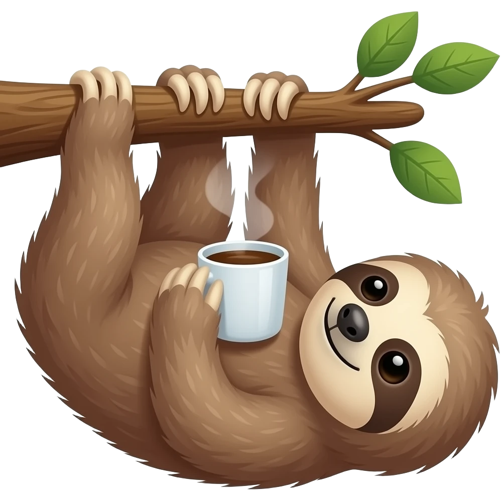 sloth morning coffee on the tree upside down hanging from a tree emoji