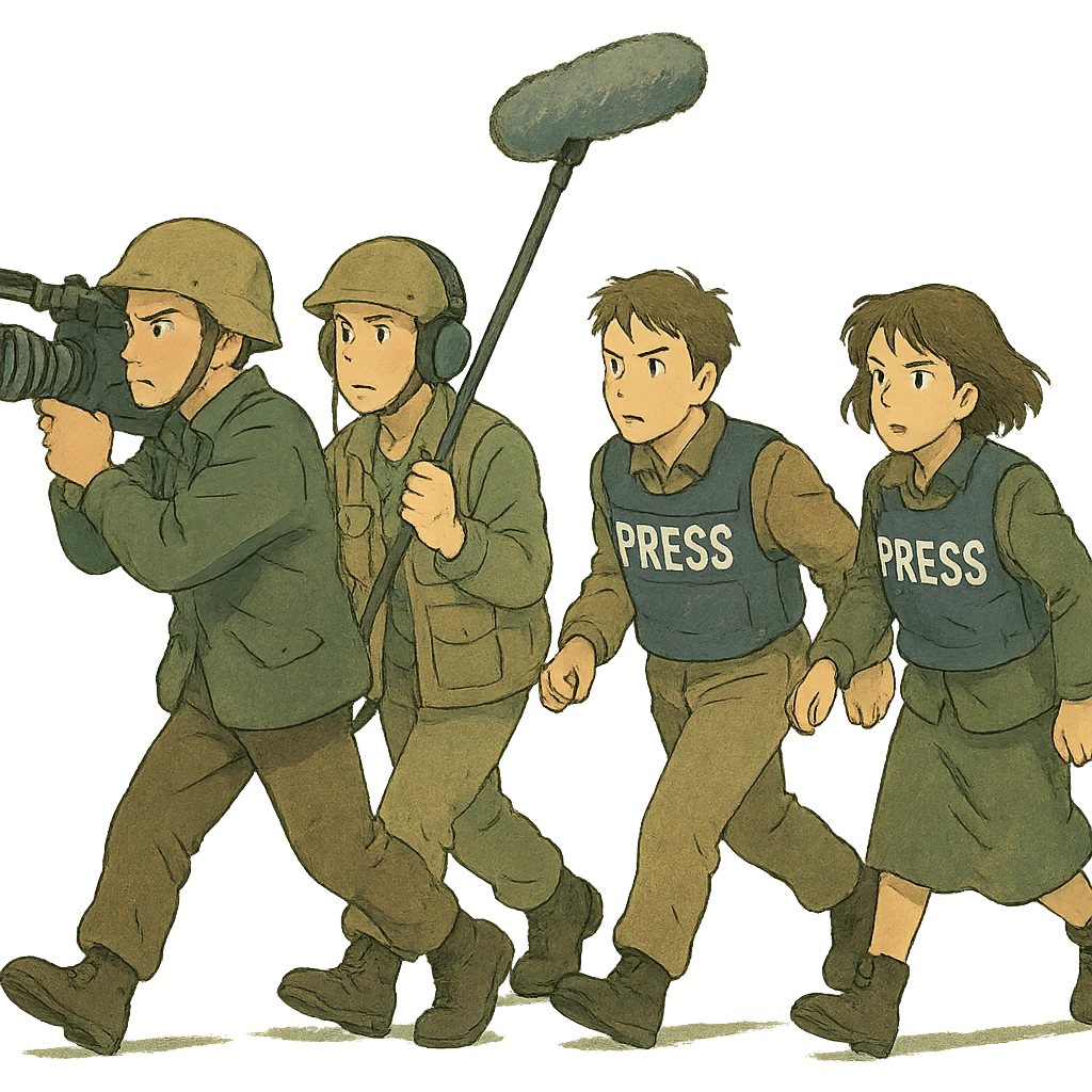 a flim crew, walking from left to right across frame: a cameraman, and a microphone operator, two people, war correspondents, tense moment emoji