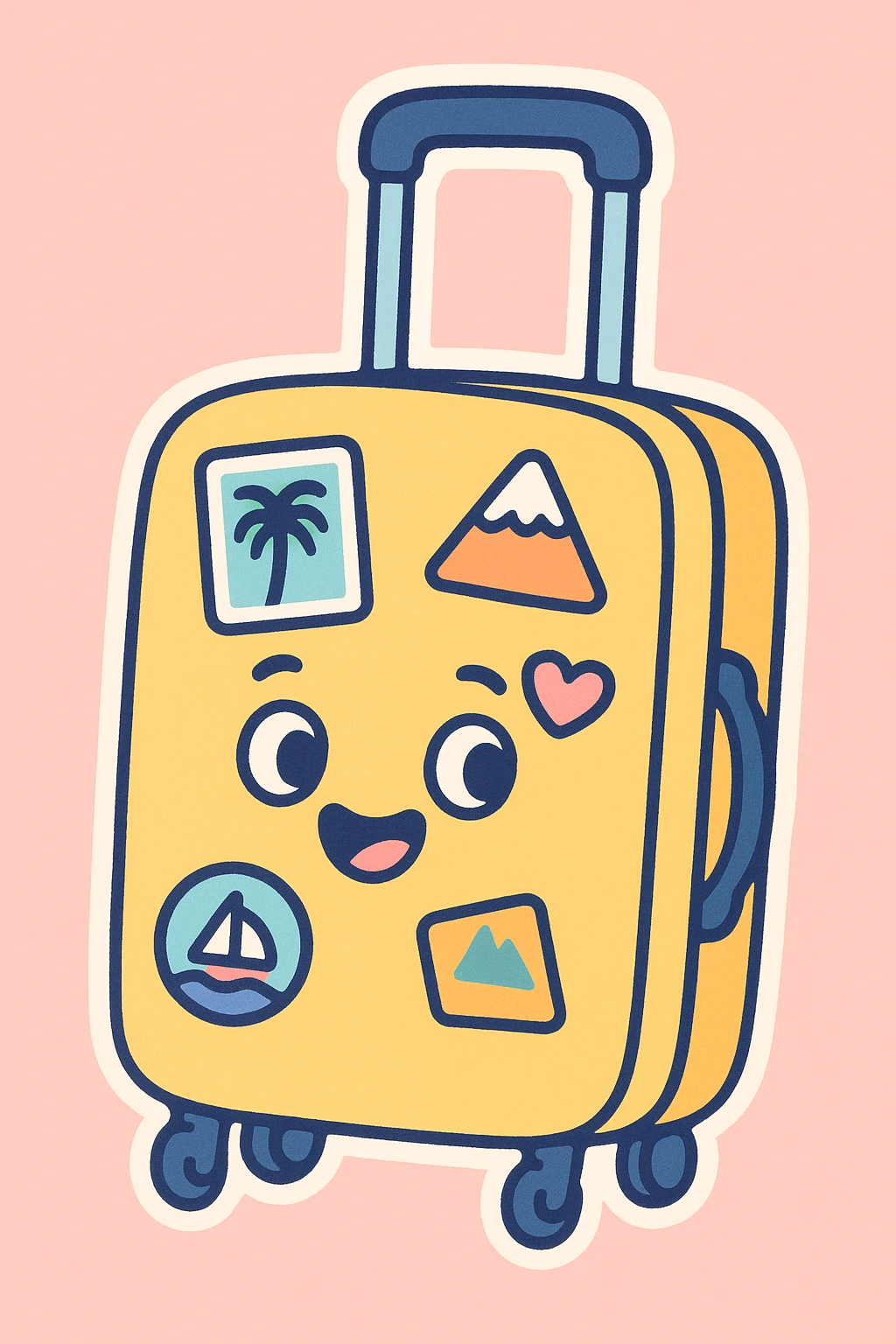 yellow rolling suitcase with travel stickers, bold clear outlines, flat pastel colors, graphic shadows and highlights, white sticker border, cute hand-drawn style emoji