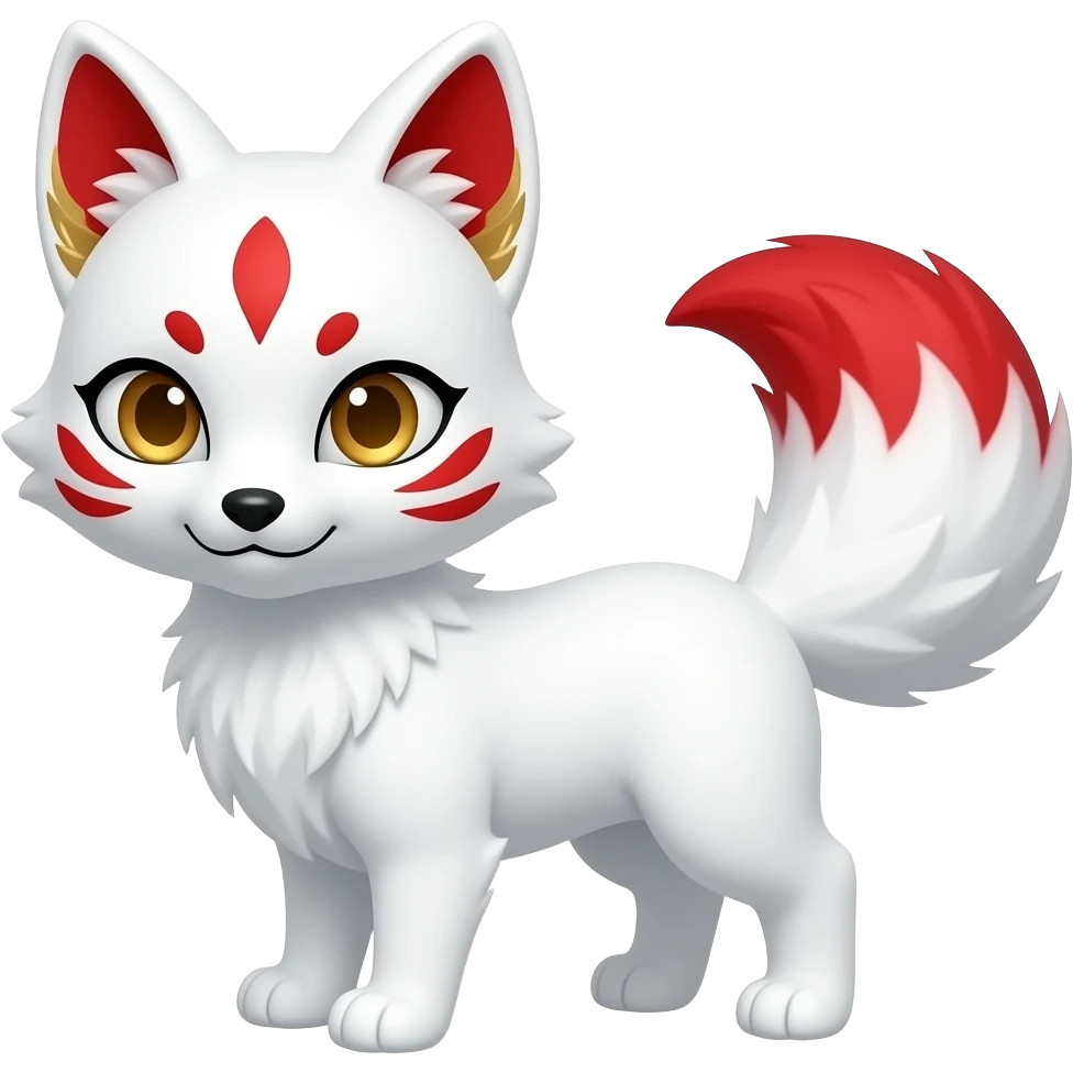 A pure white one-tailed kitsune (fox form,) with red accents, (one on each cheek, two each over its eyes and a single one on its forehead,) red on the insides of its ears, with gold markings inside of its ears,) and pale golden eyes. Pure white paws and a red tail tip. emoji