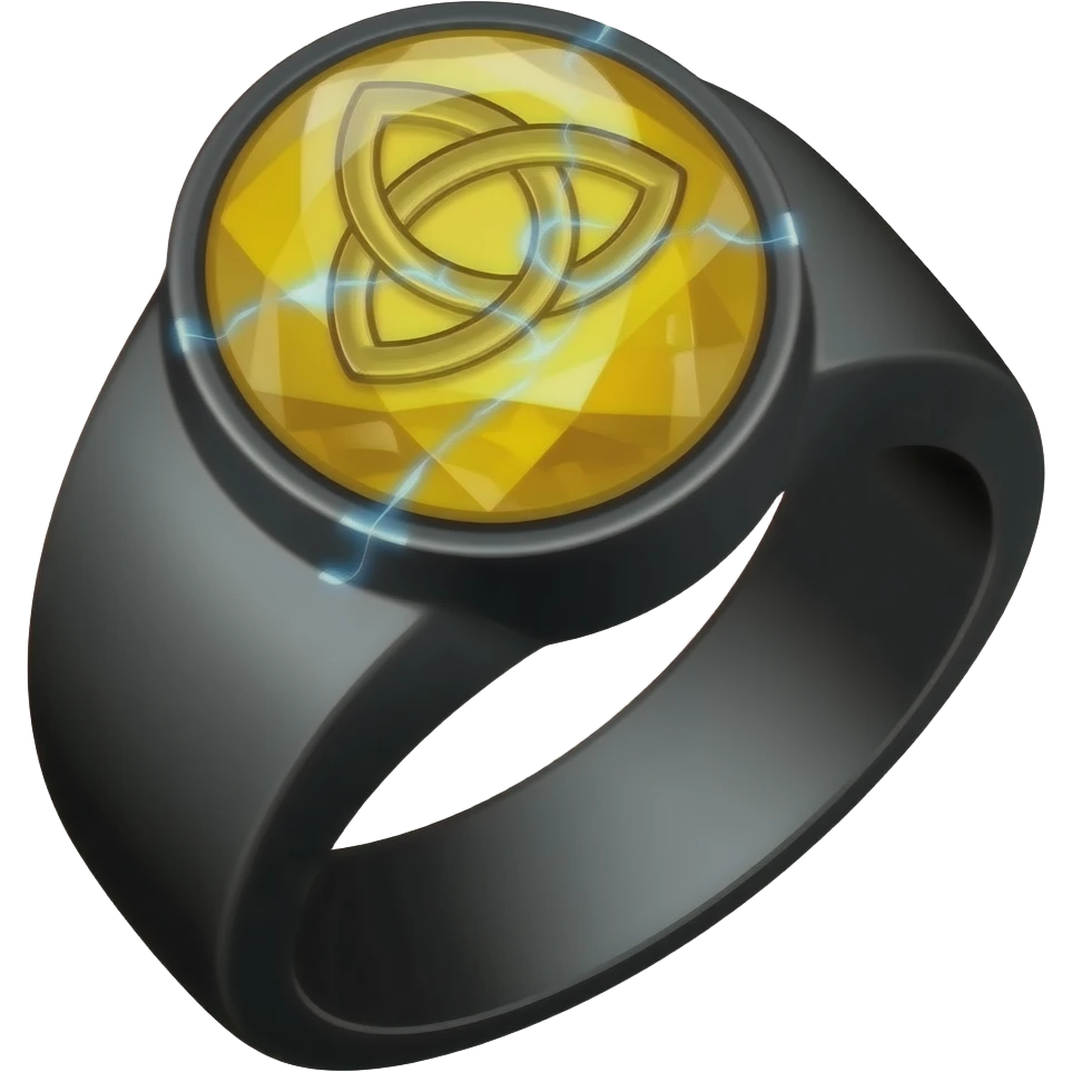 A obsidian ring with a BIG yellow gem, that has a triquetra carved into it, and a crack goin through it glowing light blue emoji