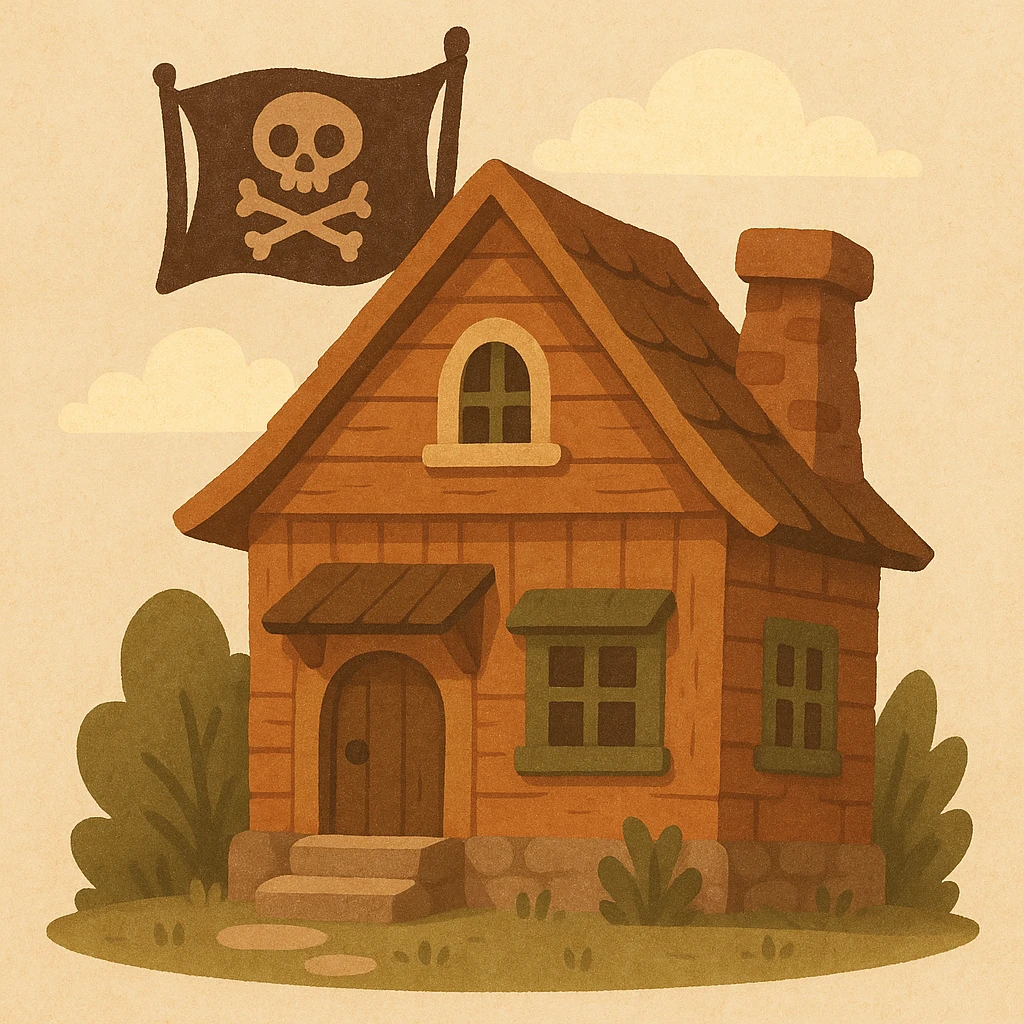 old pirate's house with skull flag emoji