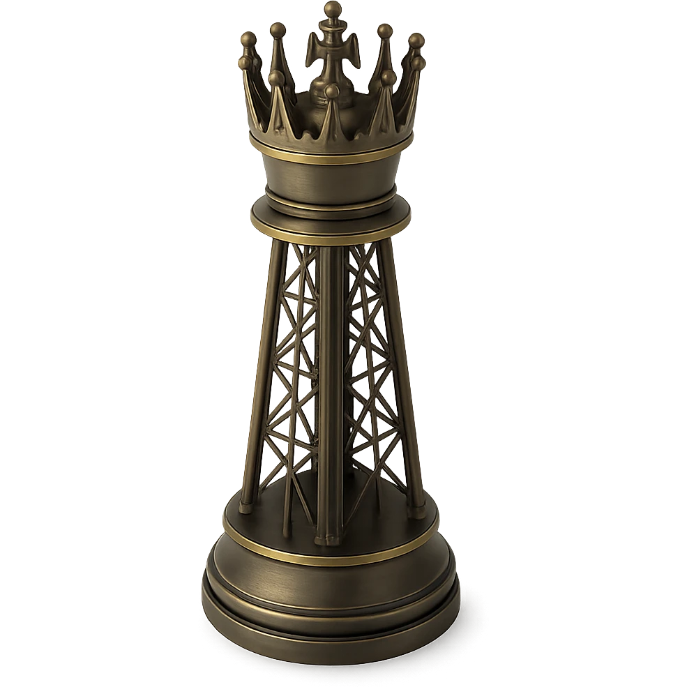 Create a sophisticated 3D king chess piece inspired by big oil, metallic and industrial style, with an elegant crown and oil rig structure elements, dramatic lighting, no background. emoji