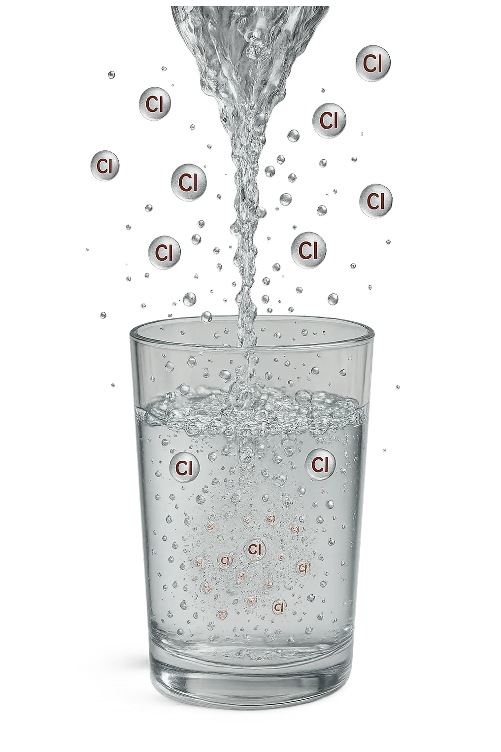 un bicchiere di acqua cade verticalmente dall'alto realistico e dettagliato, dentro l'acqua del bicchiere ci sono particelle di cloro ben visibili con la scritta "Cl" sopra, ci sono particelle anche che escono dal bicchiere e fluttuano in aria verticalmente, mentre alcune sono all'interno dell'acqua nel bicchiere, iperrealistico 4k emoji