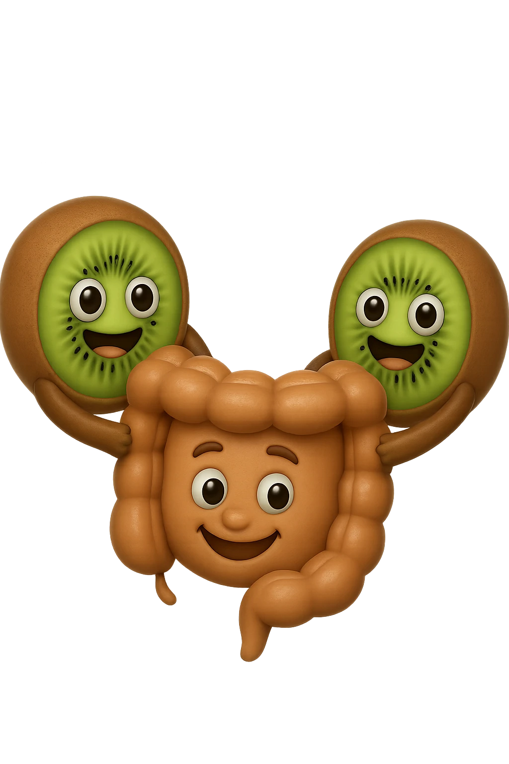 emoji stile iphone di kiwi fluttuano in aria tenendo in mano un pezzo di colon con espressione felice in volto, iperrealistico 4k emoji