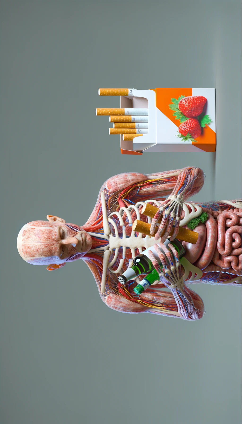 CORPO UMANO ANATOMICO CHE TRA LE BRACCIA SIGARETTE, ALCOL E WURSTEL CONFEZIONATI, LI GUARDA CON ESPRESSIONE INDECISA IN VOLTO, NEUTRAL CLEAR BACKGROUND, iperrealistico 4k emoji