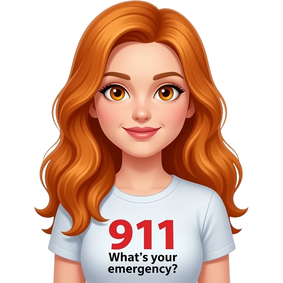 sexy girl with long ginger hair and ginger eyes a top with 911 What's your emergency? written on it emoji