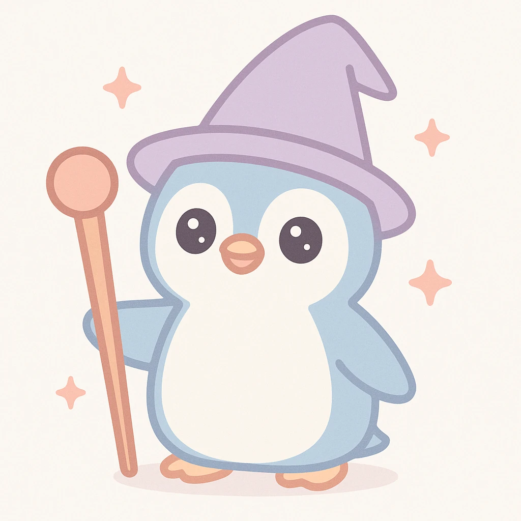 a penguin dressed as a wizard, with a pointy hat and a magic staff, in a fun and whimsical style emoji