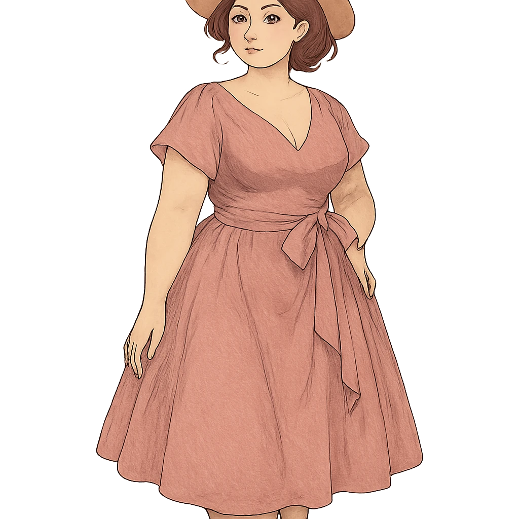 elegant fashion illustration of a curvy woman wearing a stylish dress, soft colors emoji