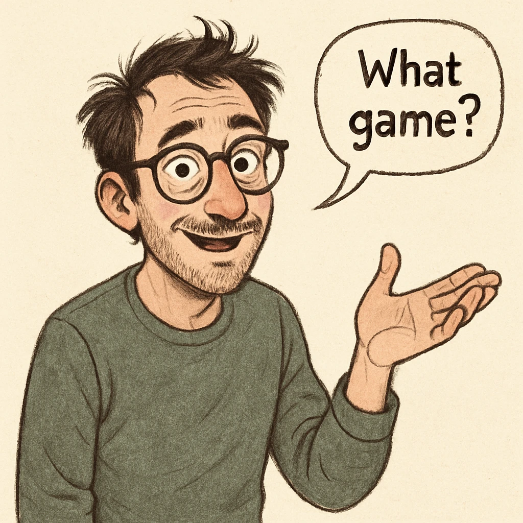 a quirky man with a curious look, gesturing with his hand as if asking about the game, friendly and animated emoji