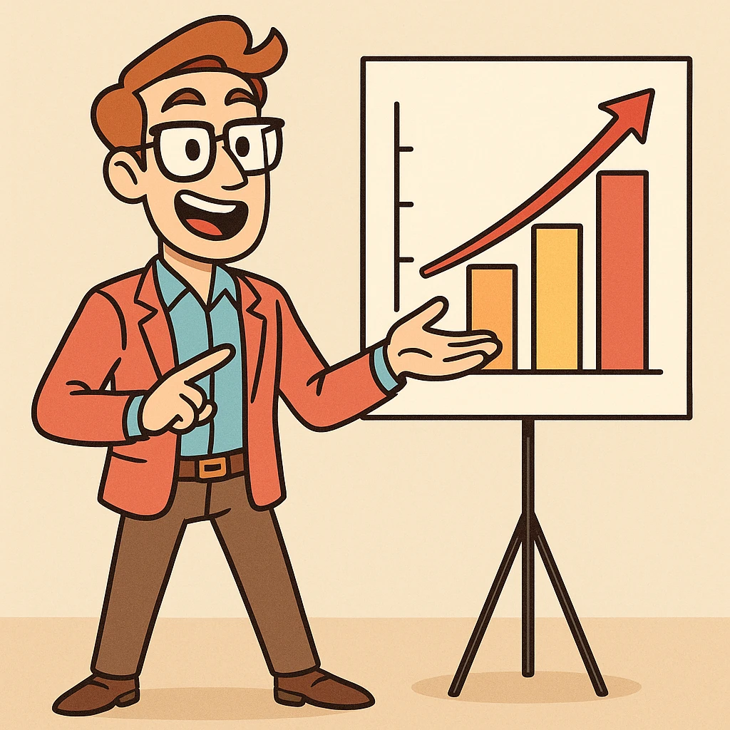 an articulate marketer, presenting a chart, smart-casual clothing, persuasive, energetic, vibrant colors emoji