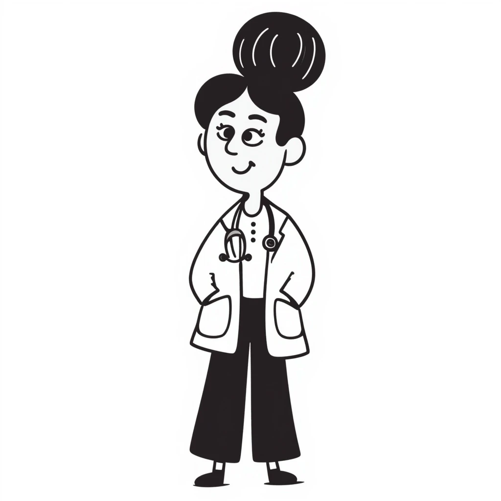 Female doctor with a different hairstyle, hand-drawn doodle style, wearing a white coat and stethoscope, cheerful expression. Maintain the hand-drawn doodle style and medical theme. emoji