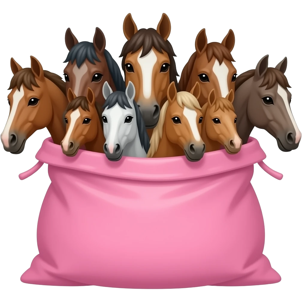 Generate a horse head inside a bag. Give it more heads and make the bag pink (1). make it look like an 2d artwork. The horses really should look like they werte painted but should look out of the bag emoji