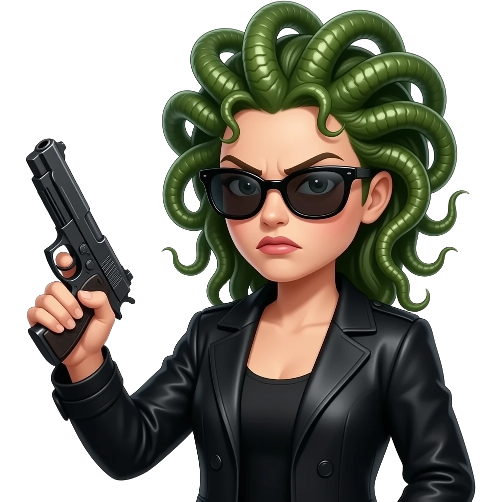 Angry beautiful female Medusa in black coat with sunglasses holding gun emoji