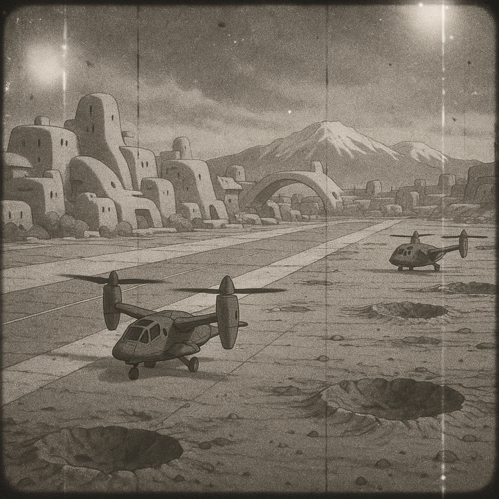 8mm film black and white, no color, light leaks. the image shows post-war reconstruction-era life in the z'rian commonwealth capital region, santa-fe neo-adobe futuristic architechture. arctic temperate region. the image shows a vast airstrip, craters and blast marks. the aircraft are v-shaped skyrotor vtol dual engine tilt-rotors emoji