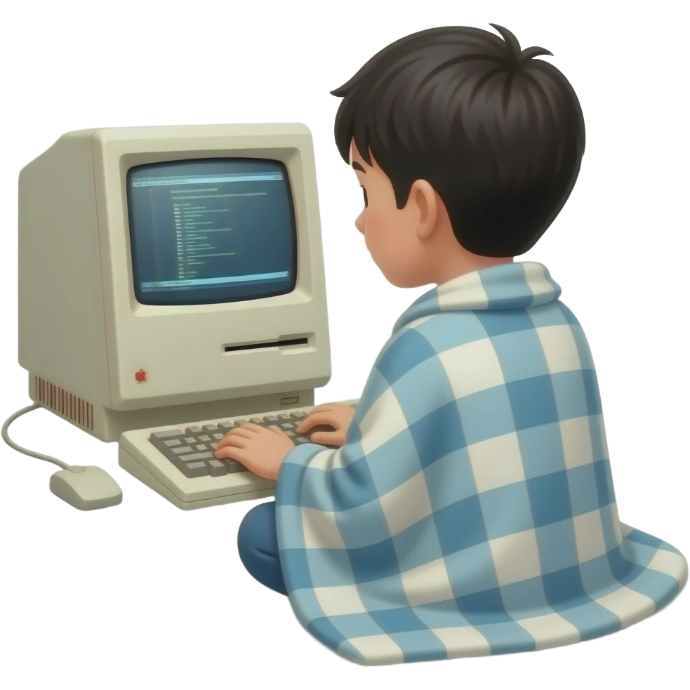 一个中国小男孩，披着一条毛毯，背对着一台 apple II 台式机在使用电脑， emoji