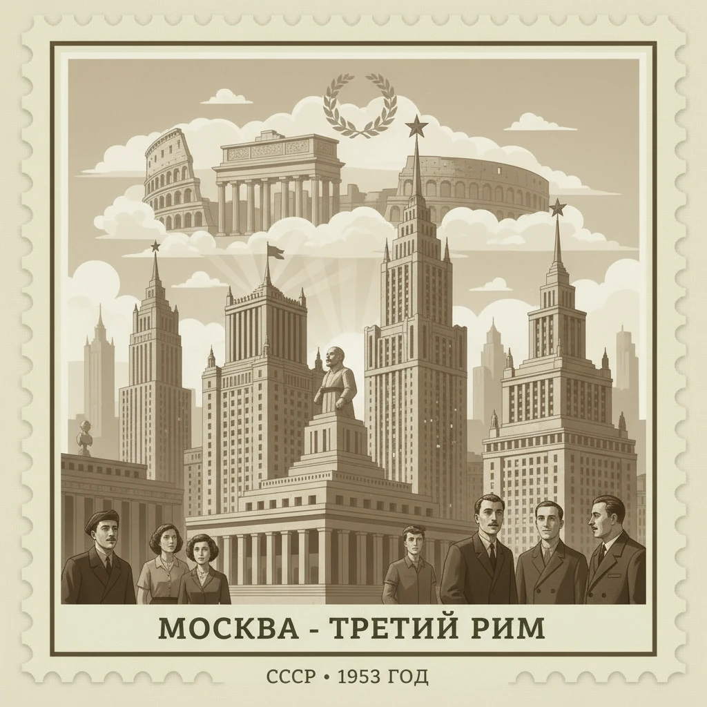 Москва - третий Рим. СССР 1953 год

Стилизуй изображение под марку как на фото emoji