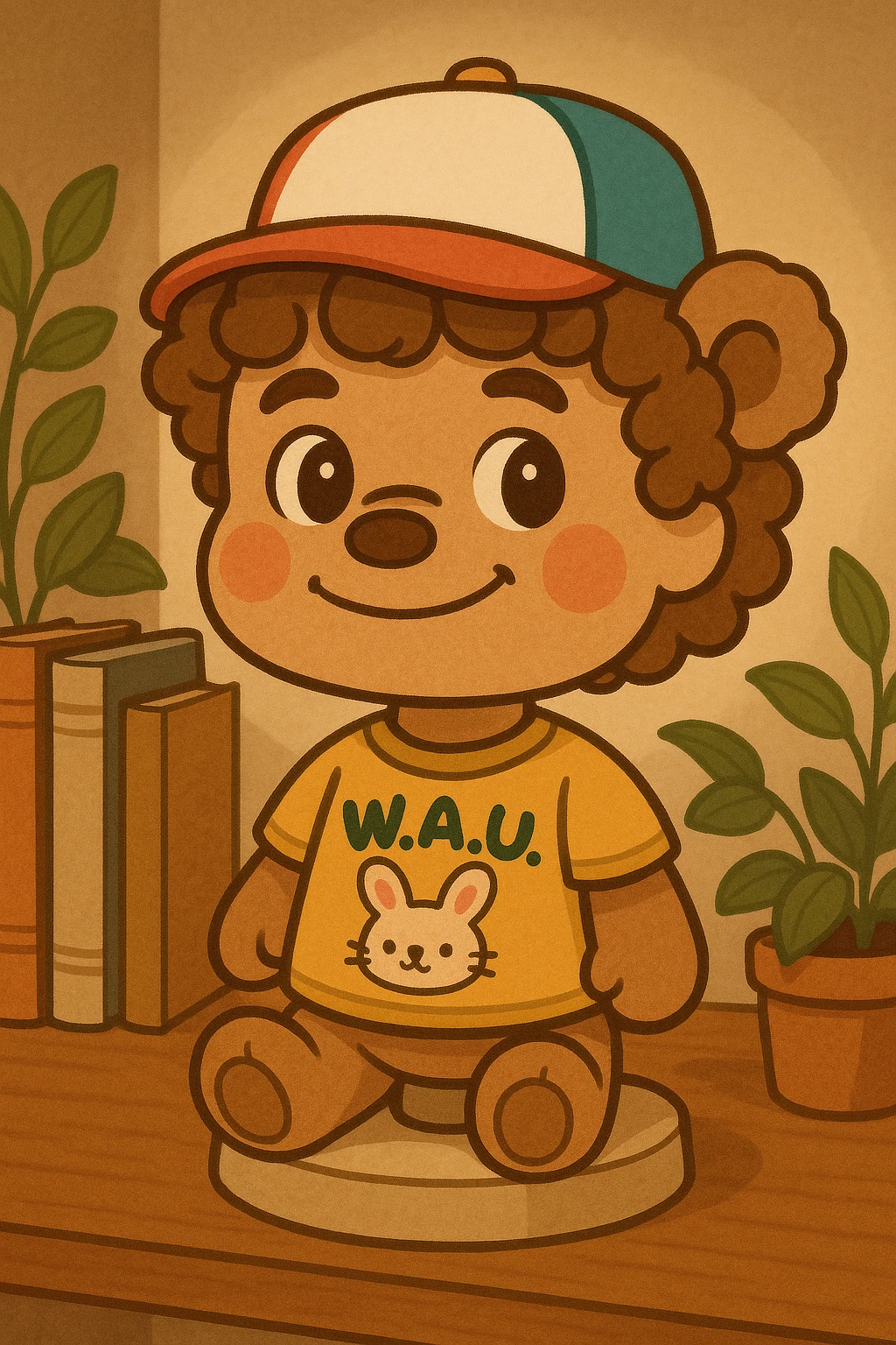 plush teddy bear inspired by Bobbie Goods style, resembling Dustin from Stranger Things: colorful cap, curly hair, friendly smile, fun t-shirt, cute and cozy style emoji