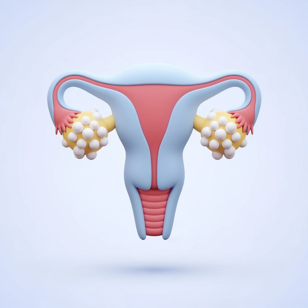 PCOS 3D icon in Imagen 4 Ultra style: stylized uterus with polycystic ovaries, modern and 3D effect, light colors, vertical 2:3 aspect ratio, no background emoji