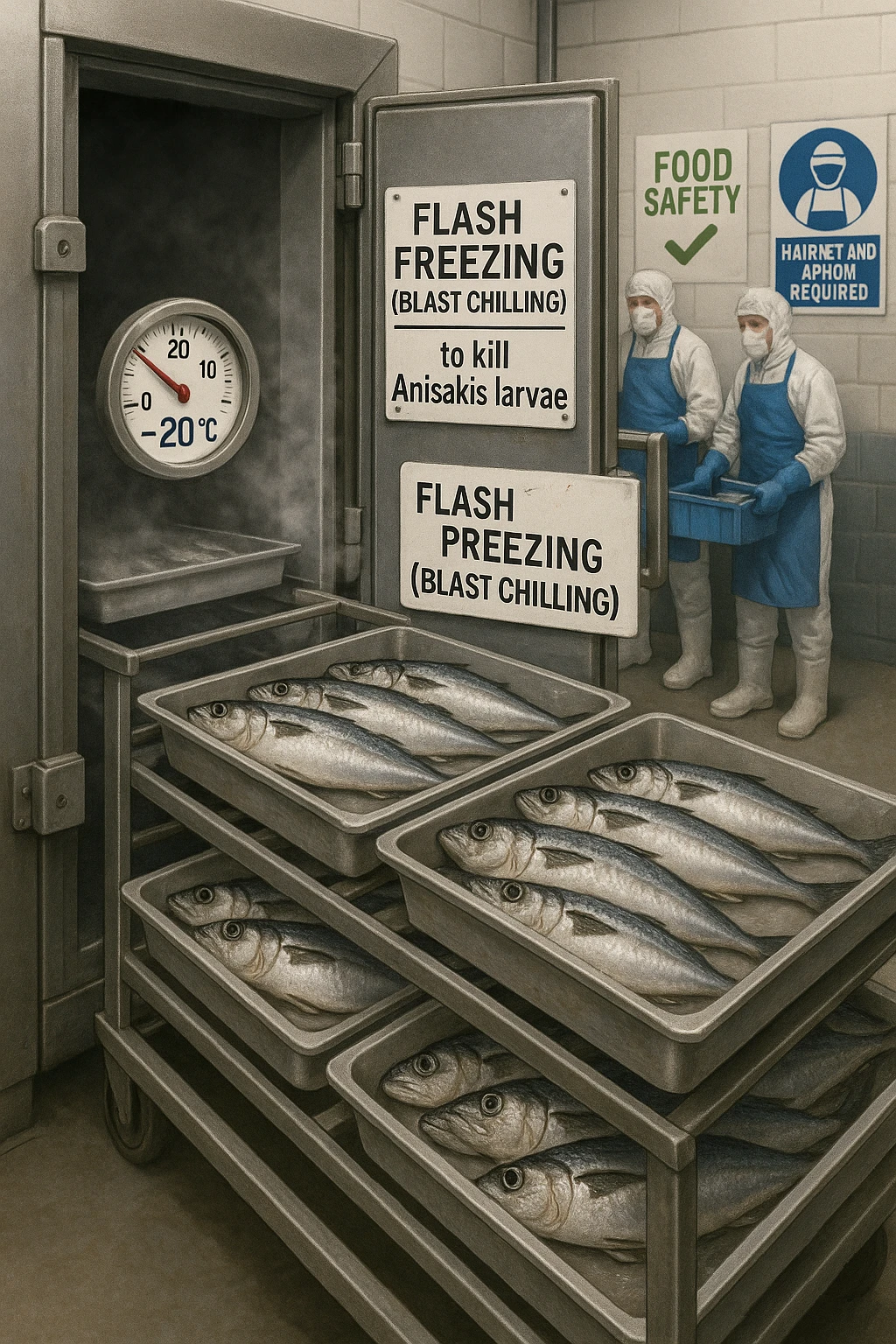 a fish processing facility where freshly caught fish are placed on trays and moved into a large industrial freezer. A temperature gauge shows -20°C, and an educational label explains that rapid freezing (abbattimento) is used to kill Anisakis larvae. The background includes workers in protective clothing and clear signage about food safety. in italiano emoji