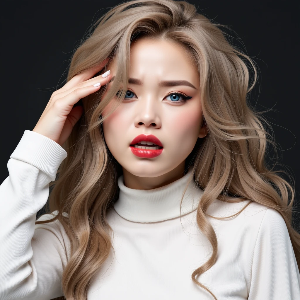 woman with long, slightly messy, lightbrown hair. in distress and pleasure. Unconscious. rolling eyes. open mouth and sluggish eyes.  blue eyes. make it very thot kim kardasian white seductive style clothing. emoji