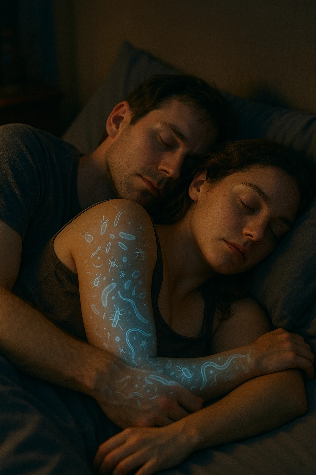 A hyper-realistic, cinematic image of a man and a woman sleeping together in the same bed under soft, dim night lighting, with their bodies close and touching. Their skin appears slightly illuminated where it touches, and under a subtle x-ray style overlay, faint ghostly silhouettes of microscopic parasites and worm-like organisms are visible crawling transdermally between their bodies, symbolizing silent, unnoticed parasite transmission during sleep. The environment is a cozy bedroom with warm tones, but the presence of the glowing parasites creates a slightly unsettling feeling, emphasizing the hidden danger. Their faces are calm, unaware, symbolizing the unconscious nature of the transmission. The image is detailed with a 35mm film hyperrealistic aesthetic, focusing sharply on the point of contact between their skin where the parasites pass, while the background remains softly blurred. The color palette uses muted warm browns and soft moonlight blues to maintain a nighttime, intimate feeling, contrasting with the translucent, glowing parasites to illustrate the hidden risk of transdermal parasite transmission while sharing a bed emoji